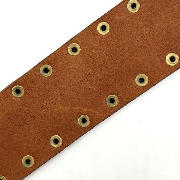 Vintage Y2K Calvin Klein 610664 Brown Studded Leather Brass Medallion Belt L 40\